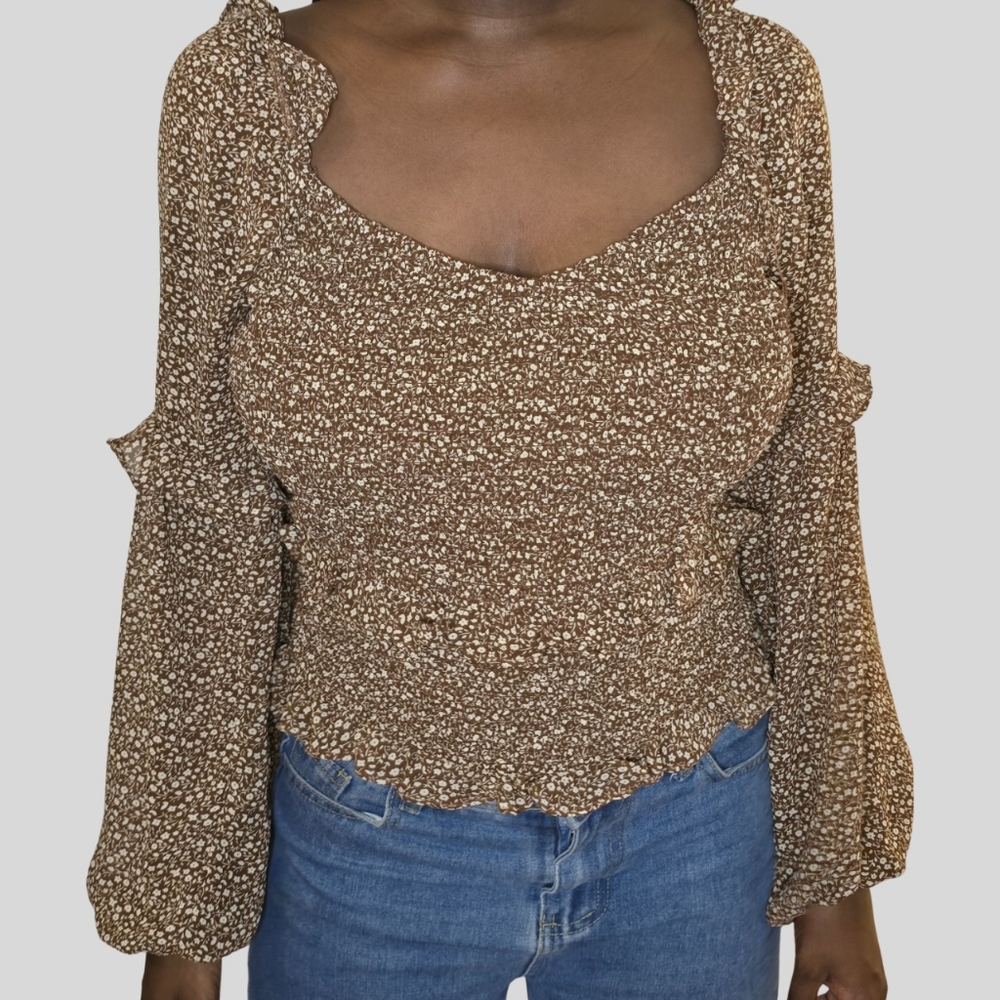 ASTR The Label Smocked Milkmaid Top Long Sleeve Brown Floral Ruffle Large